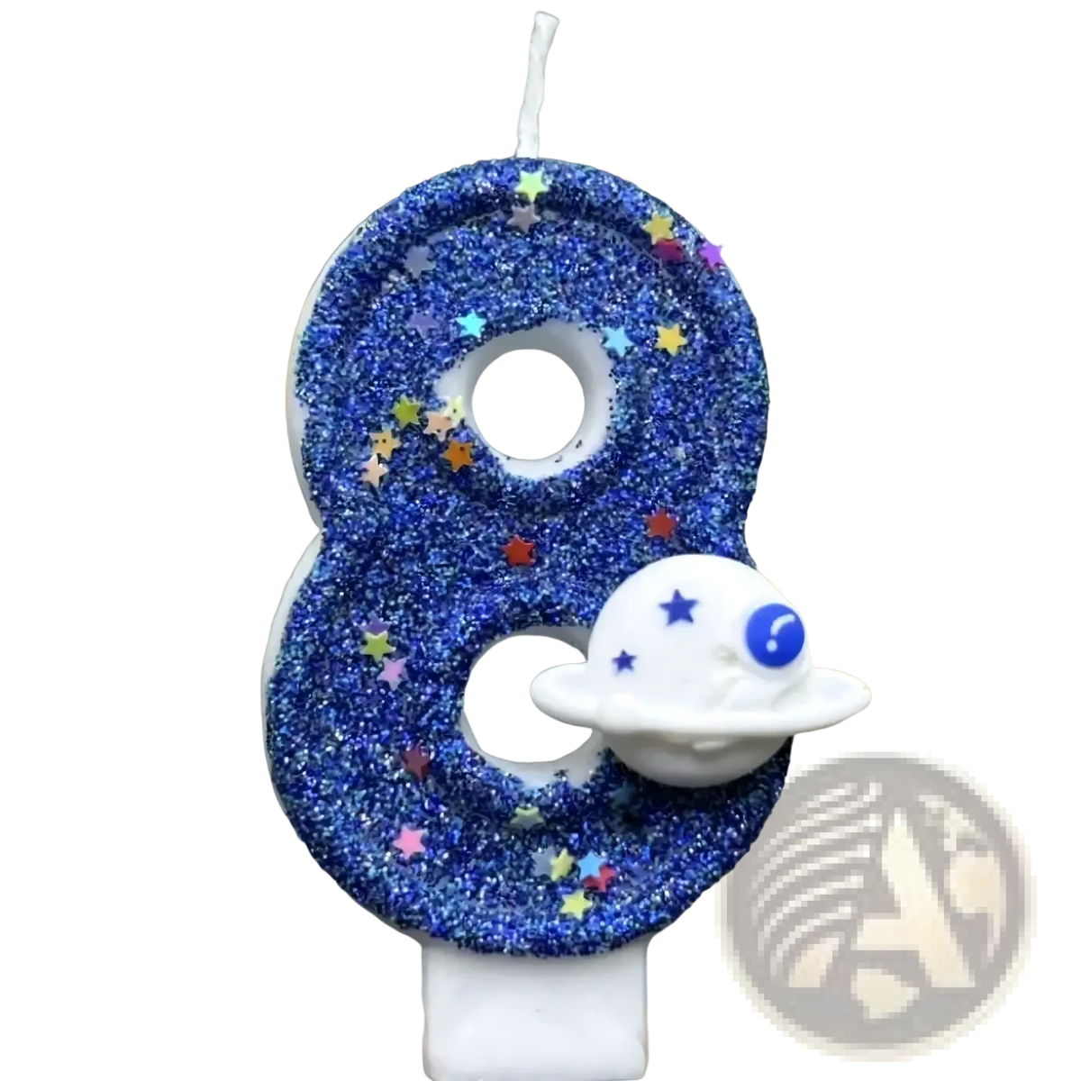 A blue glittery number eight birthday candle with colorful star sprinkles and a white spaceship charm for planetary party