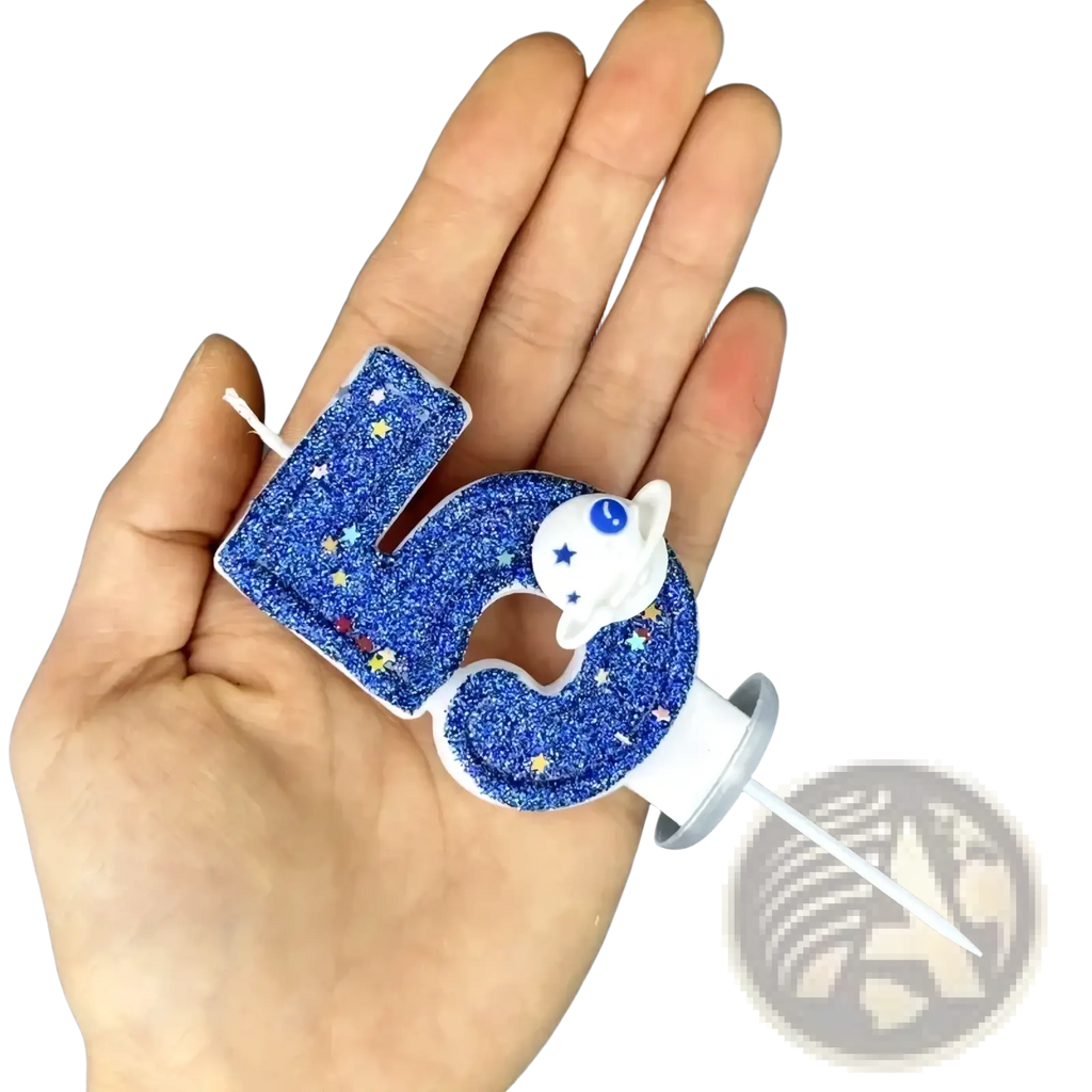 Blue glittery number five birthday candle with white moon and star design for space birthday planetary party cake topper