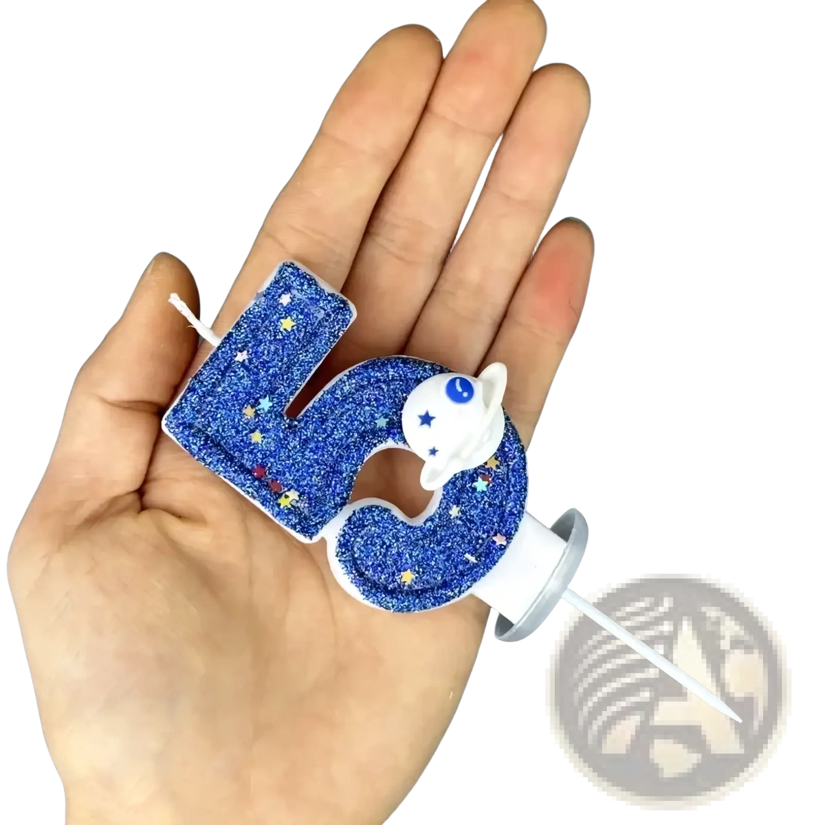 Blue glittery number five birthday candle with white moon and star design for space birthday planetary party cake topper