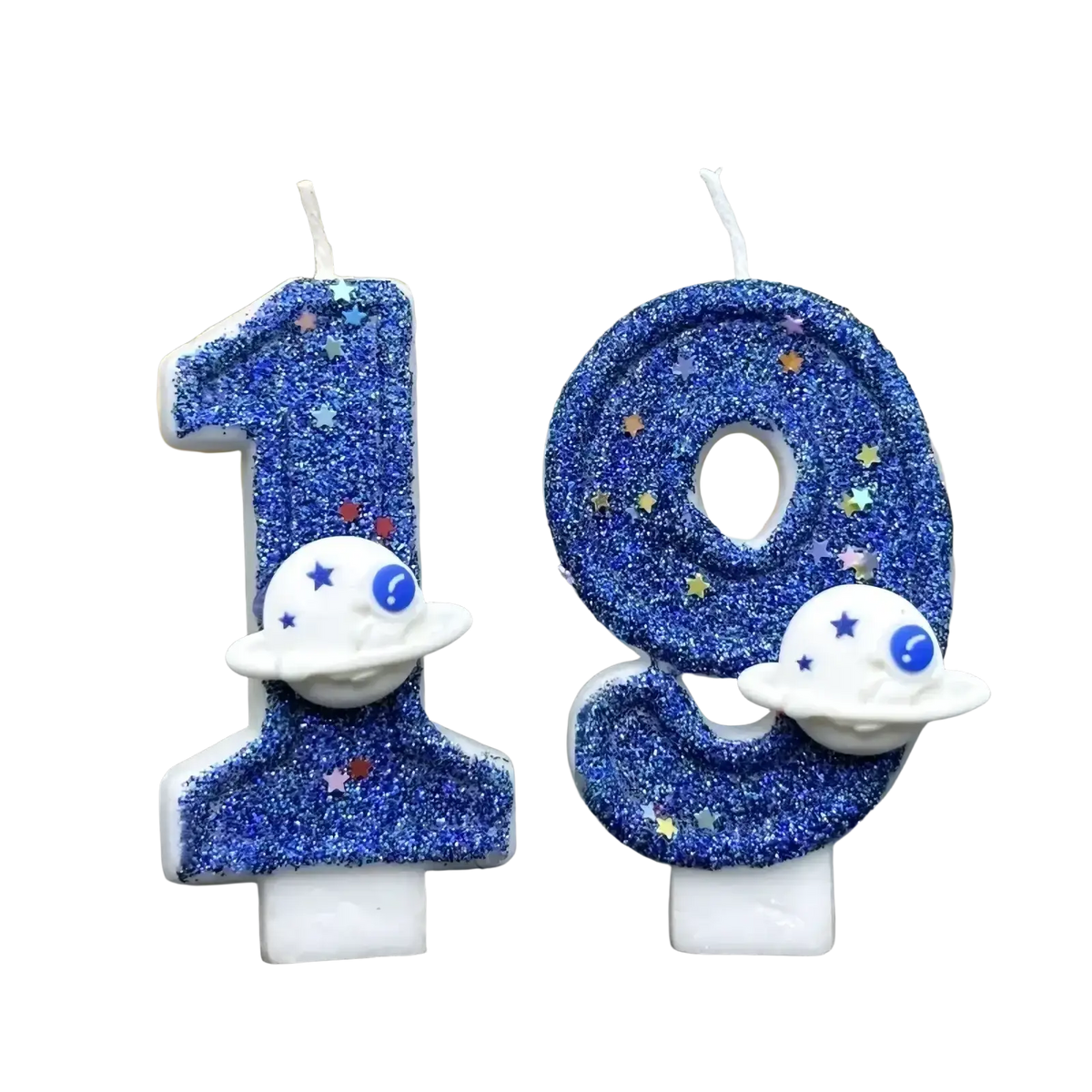 Blue glittery number candles shaped as 1 and 9 with white planet figurines blue eyes for planetary party cake topper