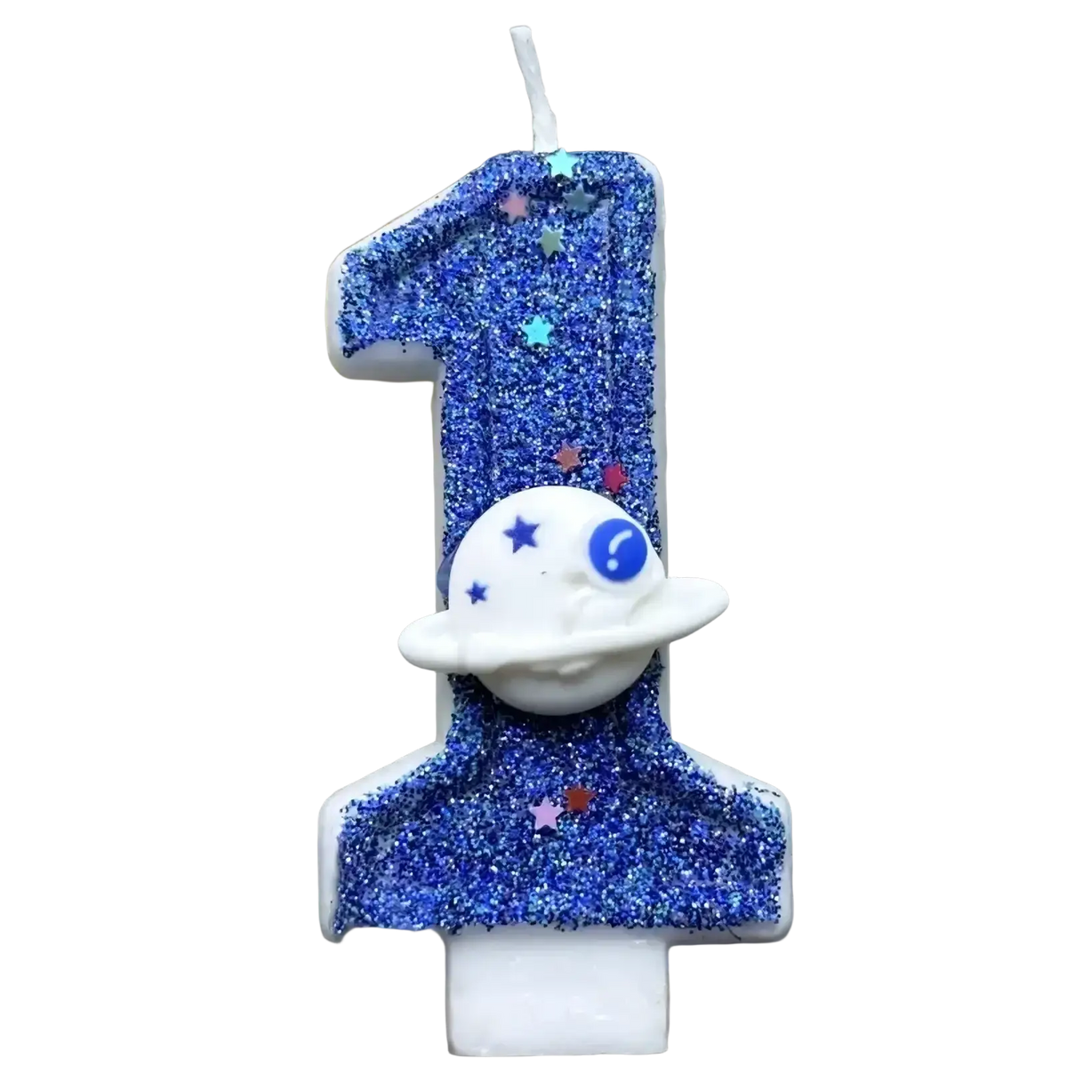 A blue glittery number one birthday candle with a white planet figurine for a planetary party cake topper