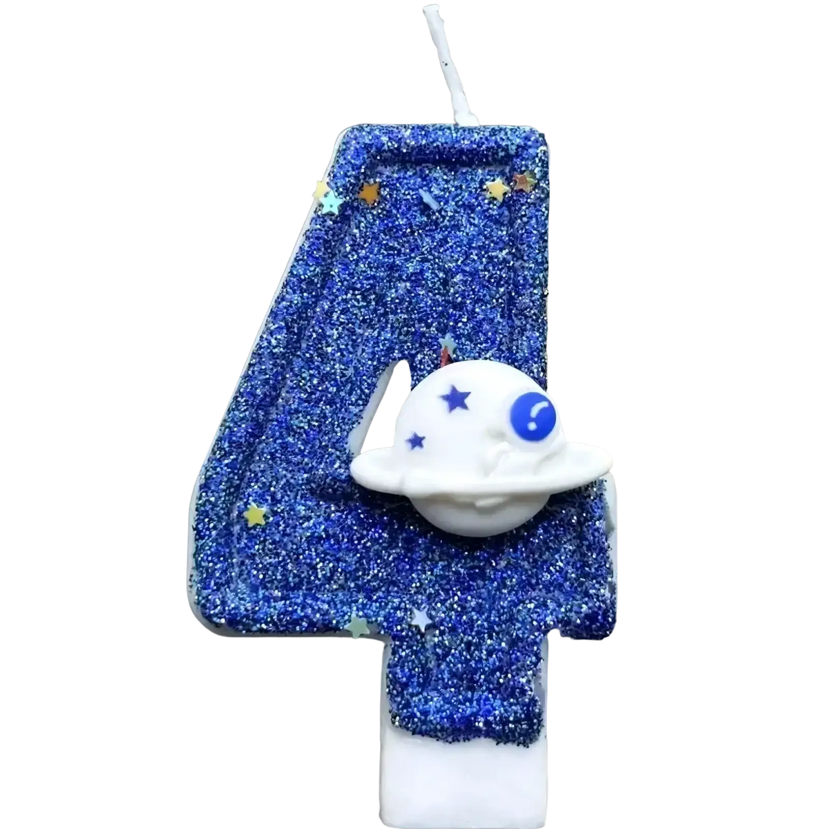 A blue glittery number four birthday candle with a white planet figurine for a planetary party cake topper