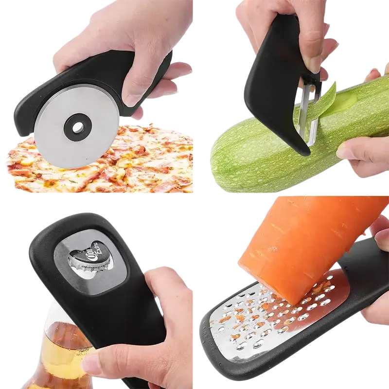 Black multi-tool kitchen gadget set with stainless steel blades space saving design includes bottle opener and pizza cutter