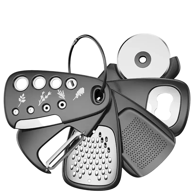 Black and stainless steel multi-tool grater set with herb engraving featuring space saving bottle opener and pizza cutter