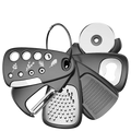 Black and stainless steel multi-tool grater set with herb engraving featuring space saving bottle opener and pizza cutter