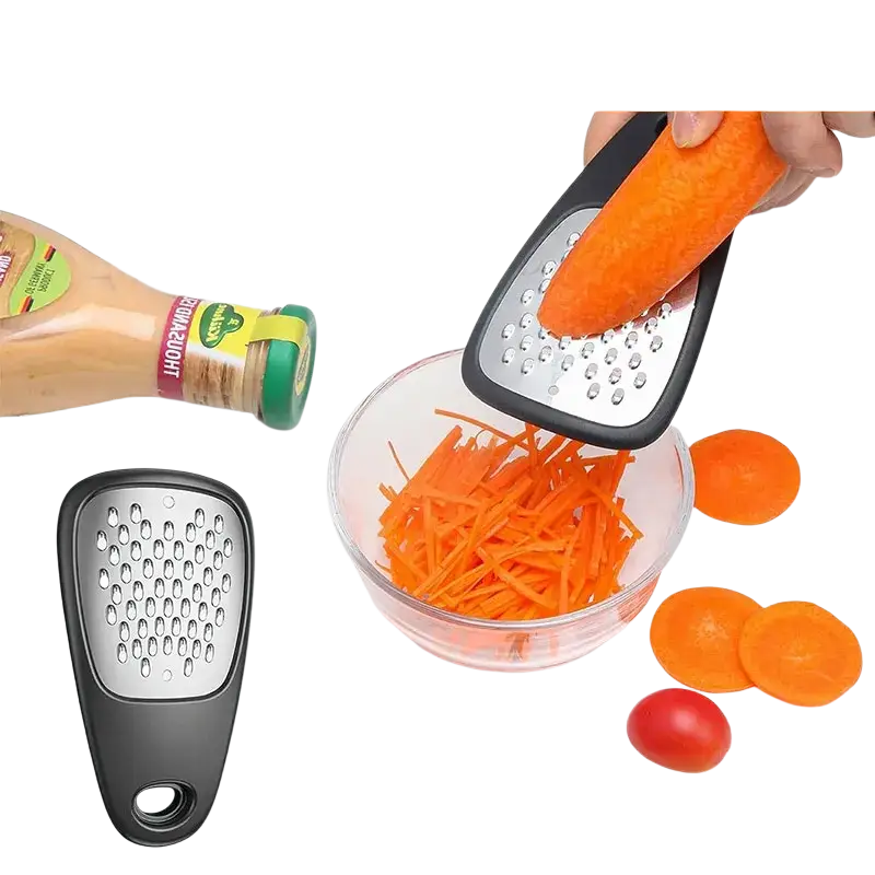 Black-handled stainless steel cheese grater from space saving kitchen gadget set with bottle opener and pizza cutter
