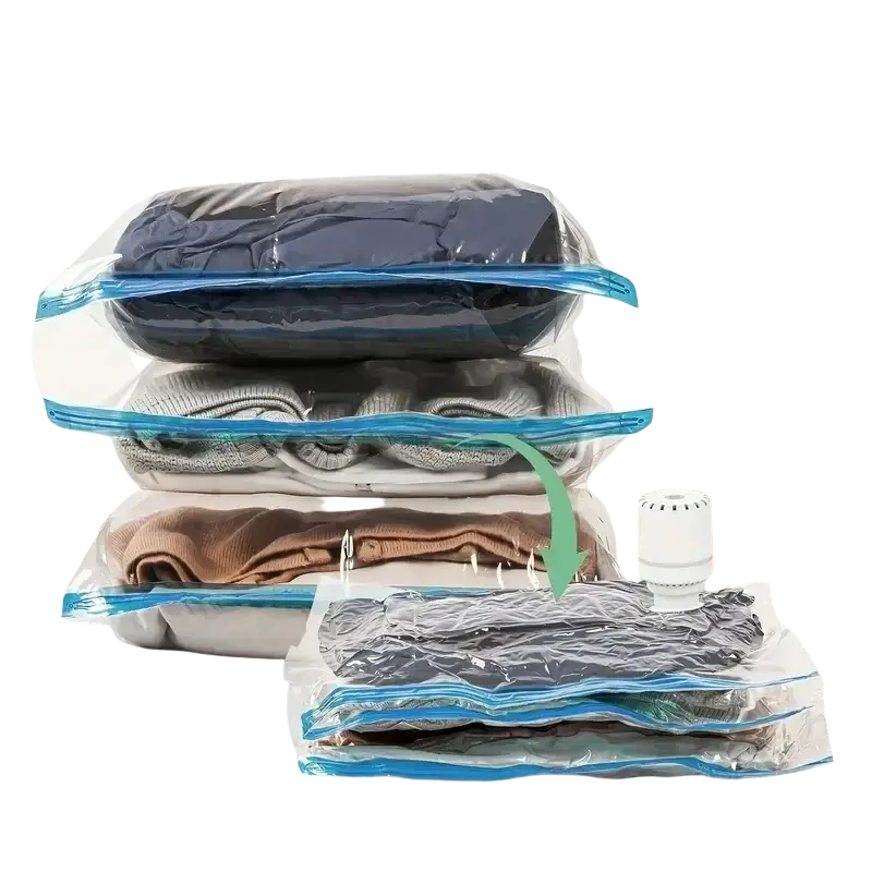 Space saving clear plastic vacuum storage bags with blue sealing strips stacked to highlight their compact design