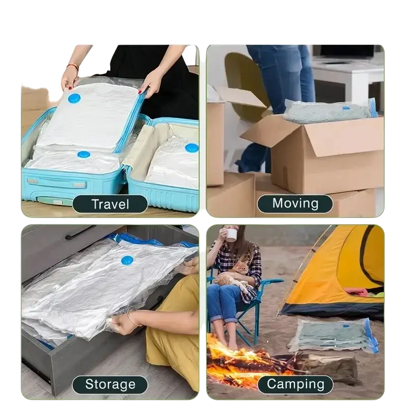 Light blue space saving vacuum storage bags with transparent plastic and blue valves for travel moving and camping