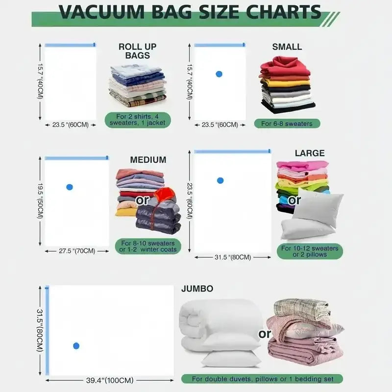 Vacuum storage bags in various sizes with clear capacity labels for space saving and included electric pump use