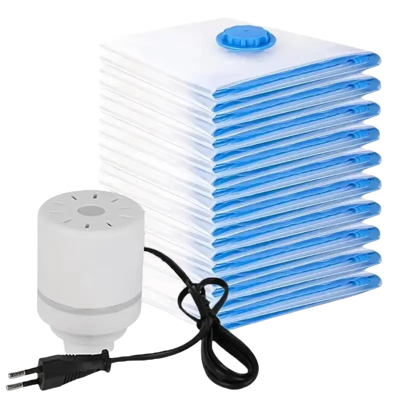 Stack of white and blue space saving vacuum-seal storage bags with matching electric pump for efficient storage