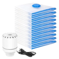 Stack of white and blue space saving vacuum-seal storage bags with a matching white electric pump unit