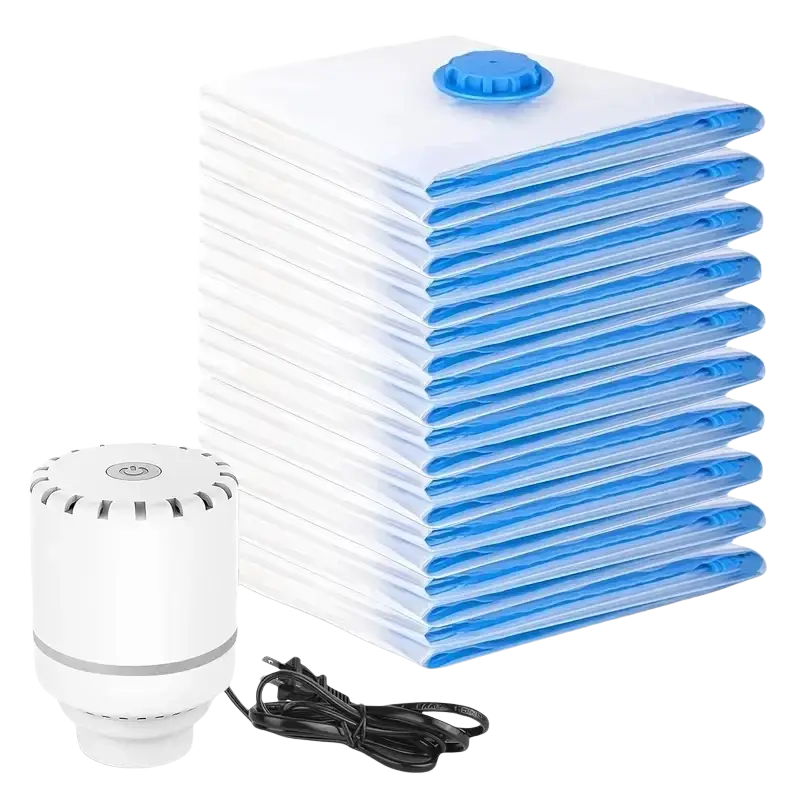 Stack of white and blue space saving vacuum-seal storage bags with a matching white electric pump unit