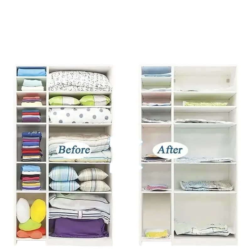 White space-saving closet organizer with adjustable shelves showing labeled before and after sections for space saving use