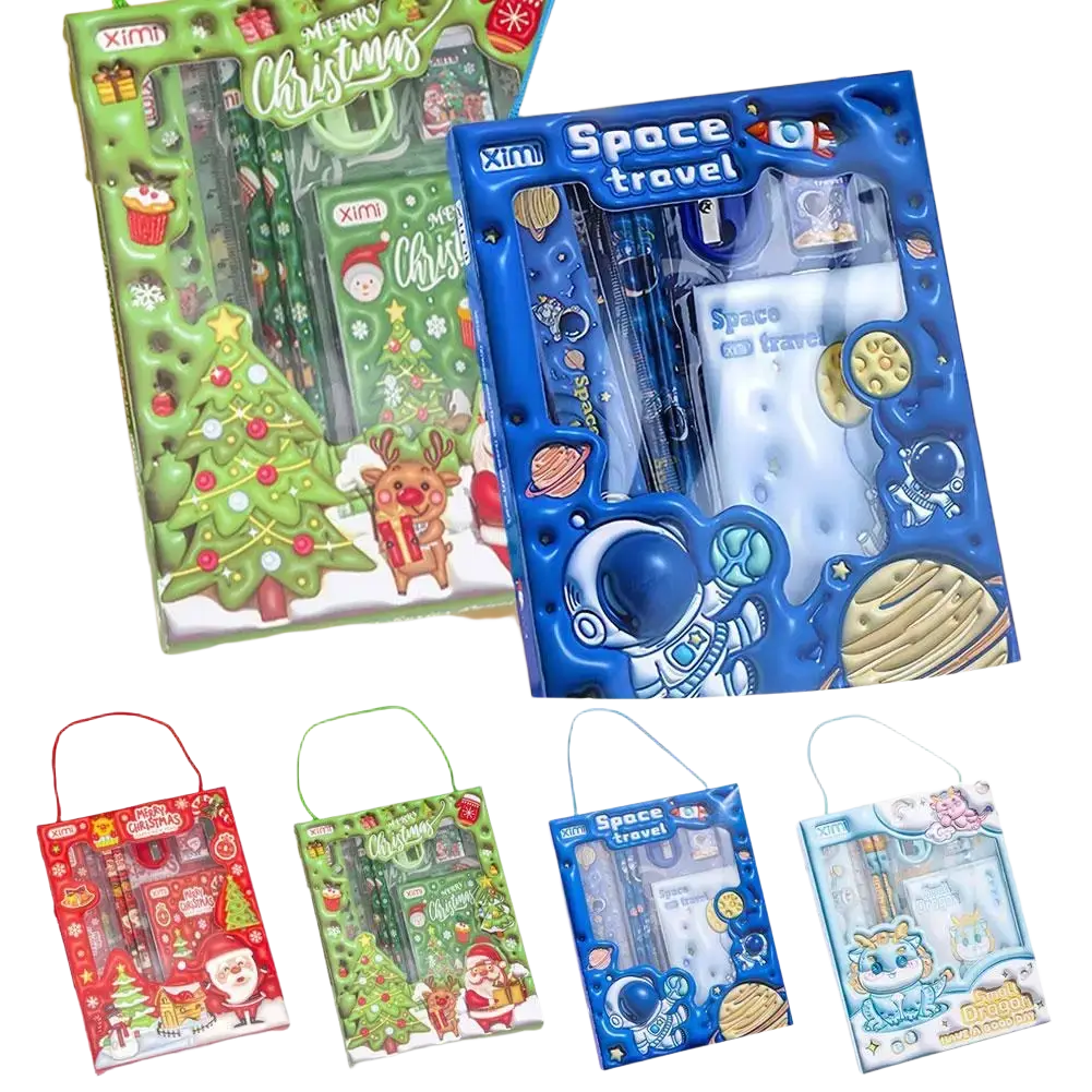 Blue astronaut-themed kids stationery set with clear plastic window and molded design for space theme activities