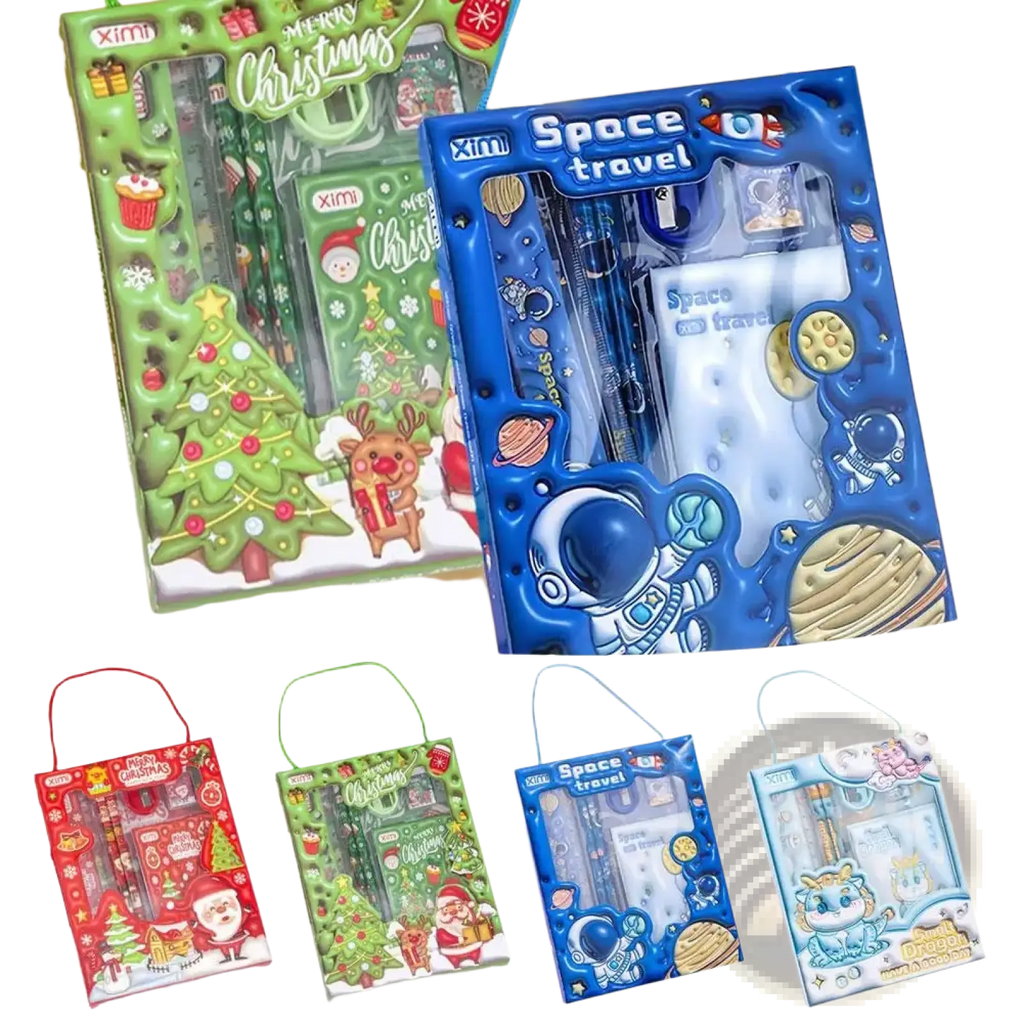 Blue astronaut-themed kids stationery set with clear plastic window and molded design for space theme activities