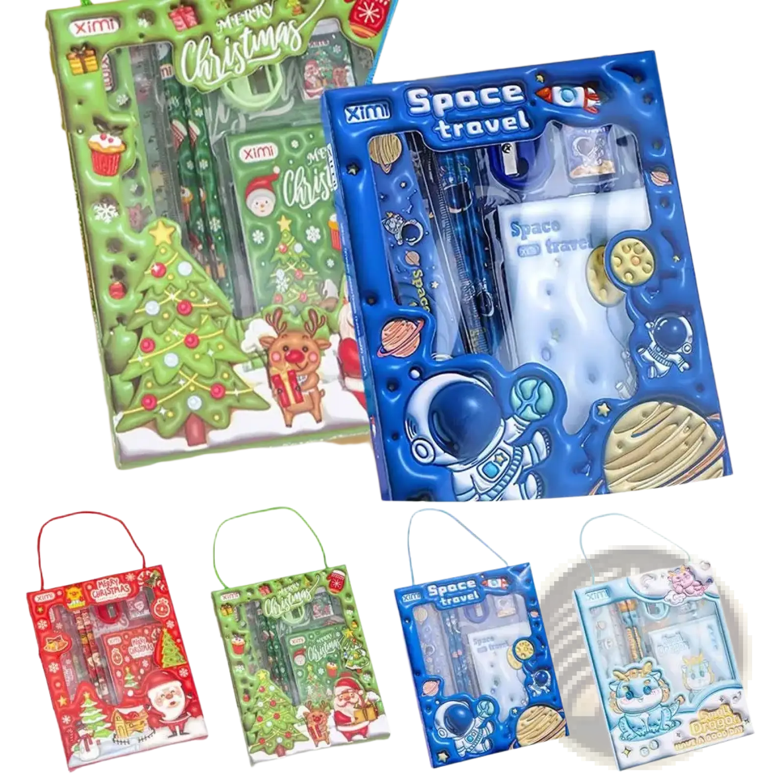 Blue astronaut-themed kids stationery set with clear plastic window and molded design for space theme activities