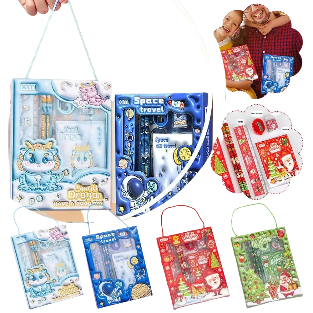 Blue space theme cartoon kids stationery set with astronaut and planet designs in clear plastic bag with hanging handle