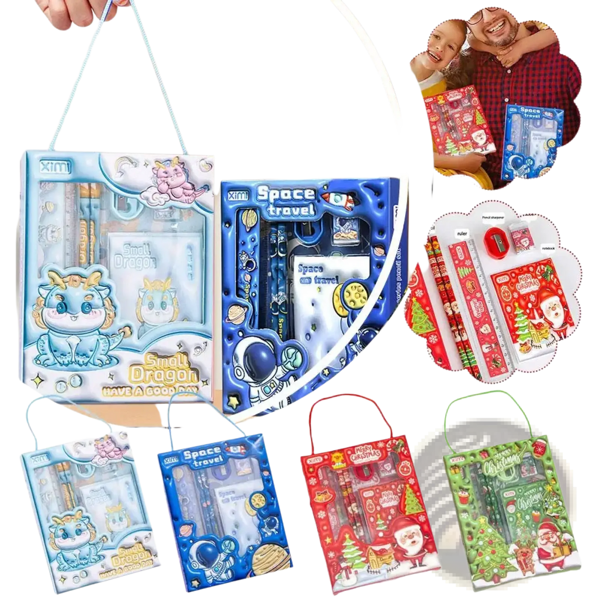 Blue space theme cartoon kids stationery set with astronaut and planet designs in clear plastic bag with hanging handle