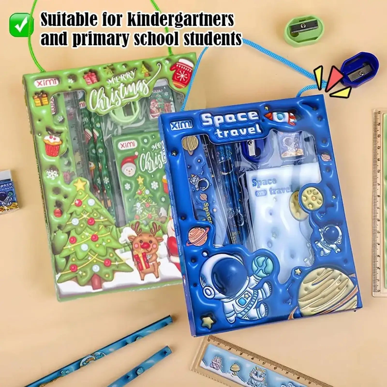 Blue space-themed pencil case with astronaut and planet designs for kids stationery set organization