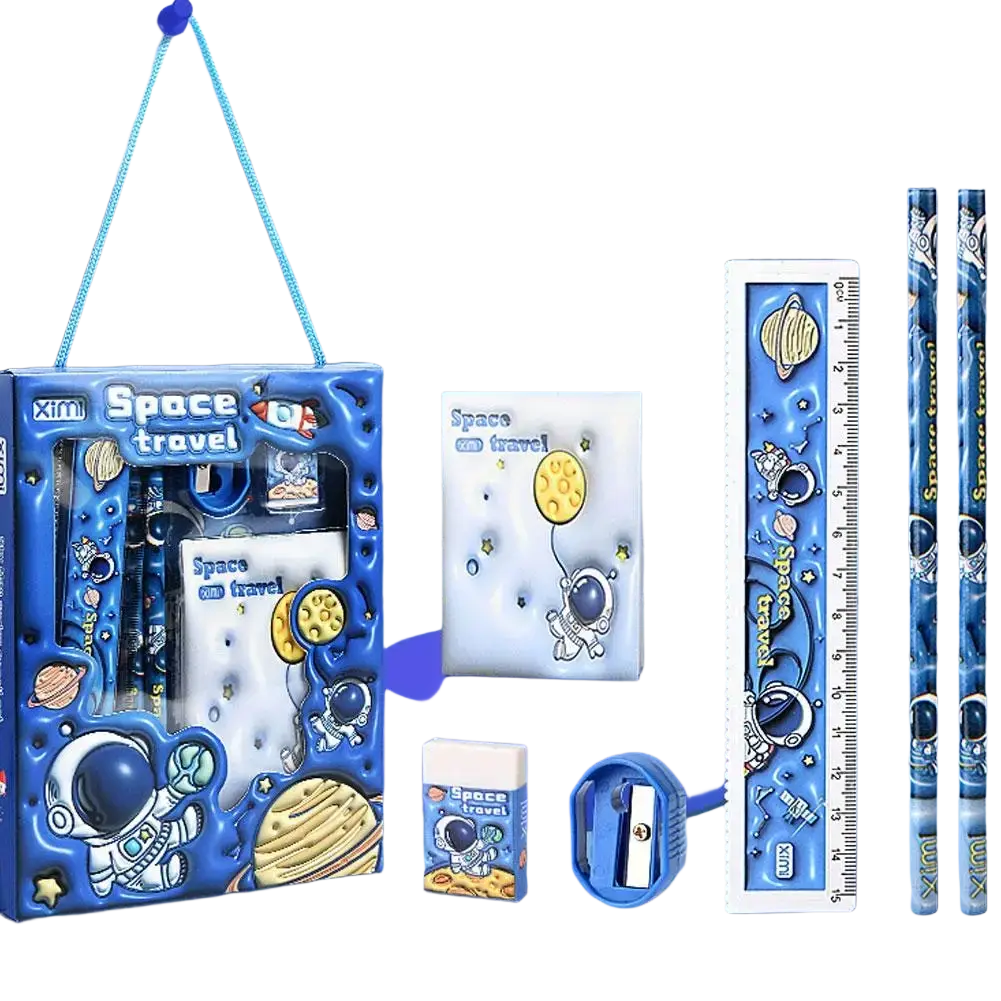 Space theme cartoon kids stationery set in blue featuring astronaut and planet designs on pencils ruler notebook eraser and sharpener