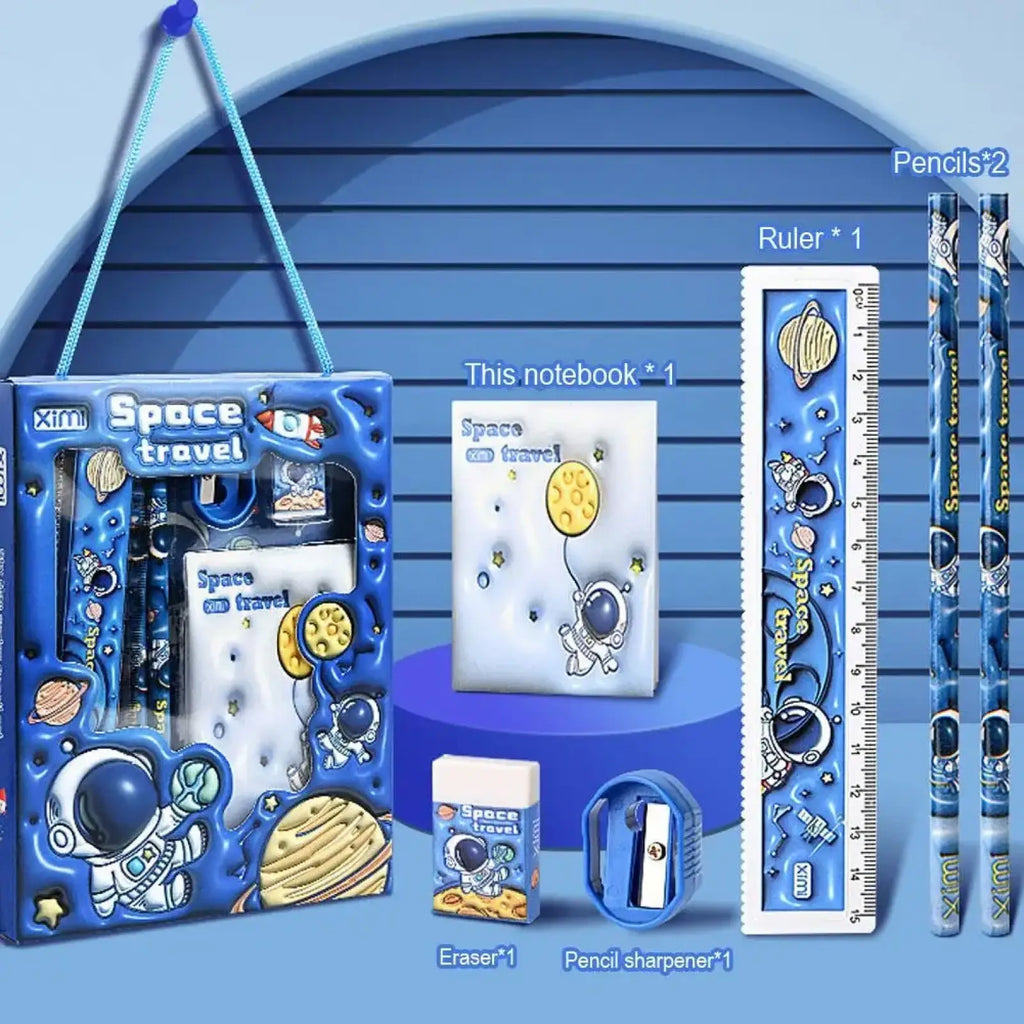 Space theme cartoon kids stationery set in blue featuring astronaut and planet designs on pencils ruler notebook eraser and sharpener