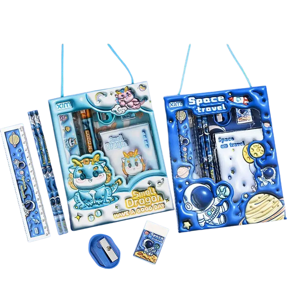Blue space theme cartoon kids stationery set featuring astronaut and space designs for school and creativity use