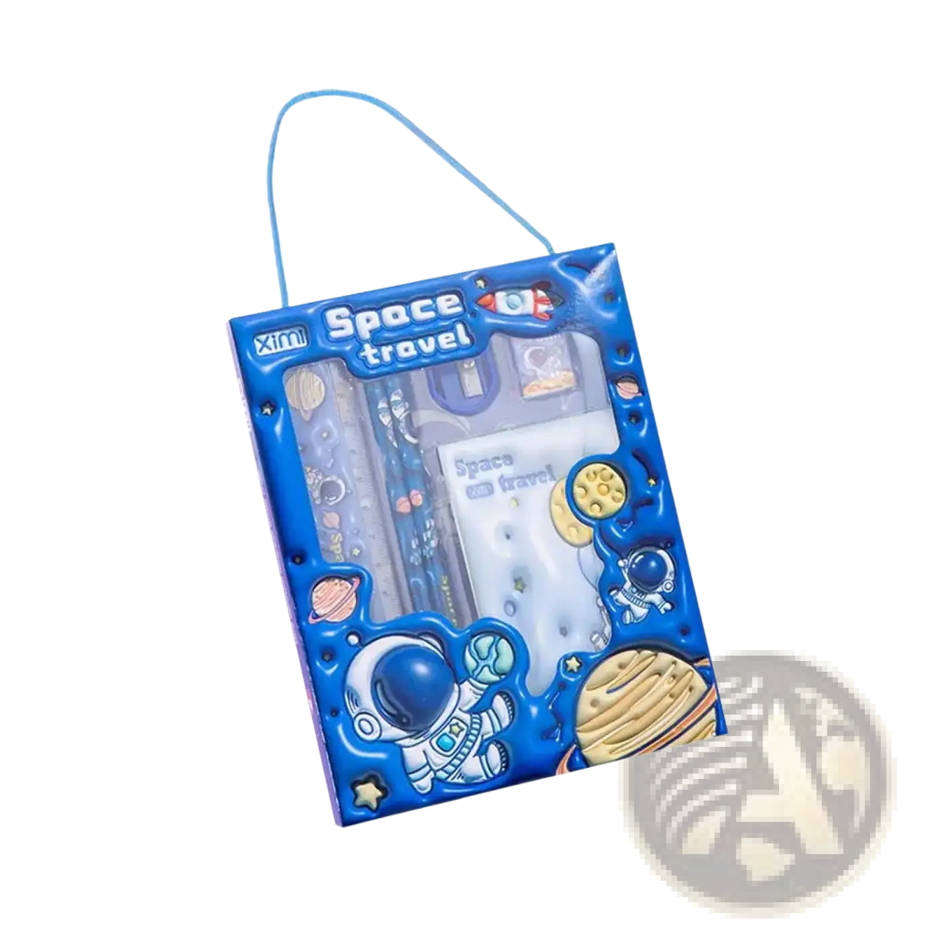 Blue space theme cartoon kids stationery set in transparent plastic bag with astronaut and planet designs