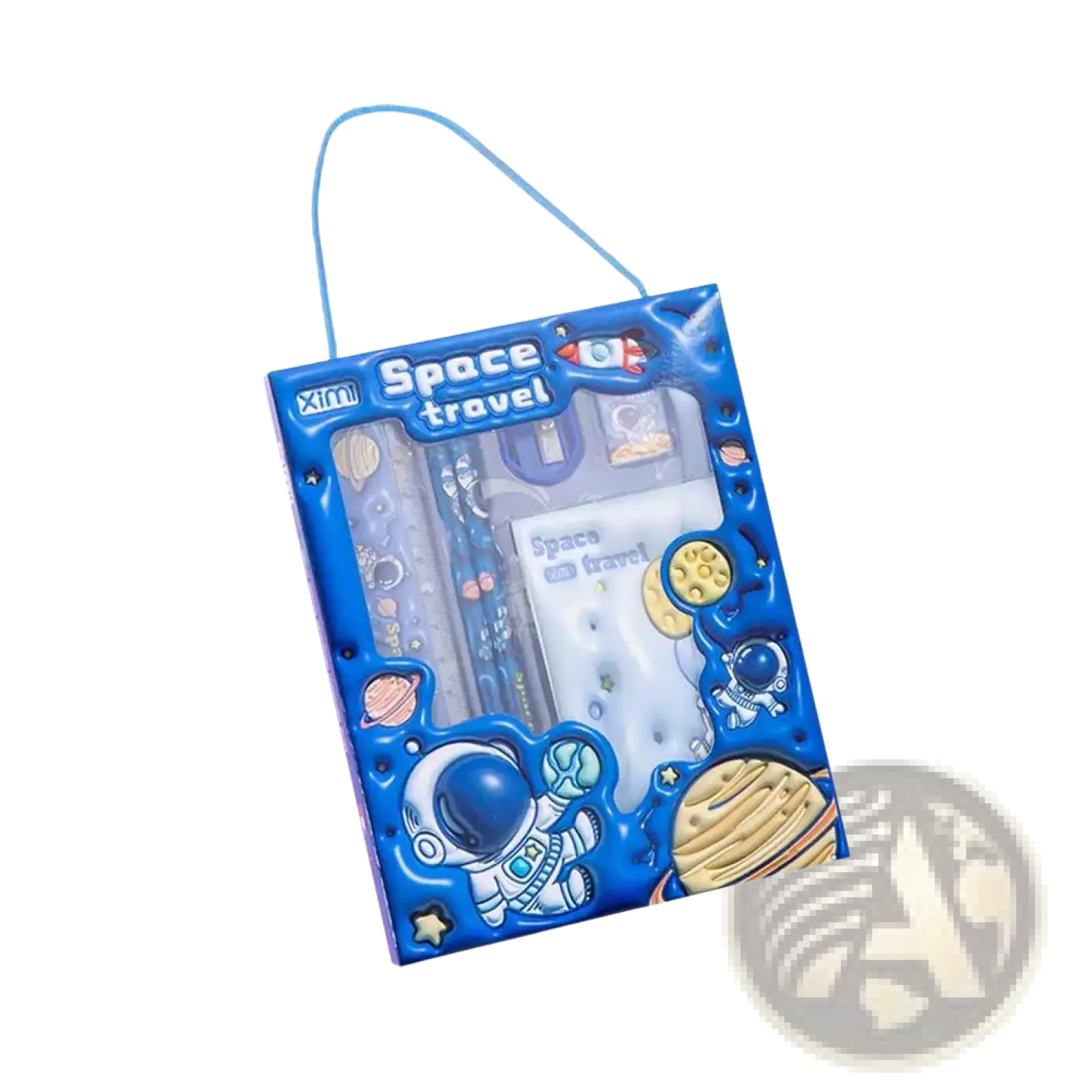 Blue space theme cartoon kids stationery set in transparent plastic bag with astronaut and planet designs