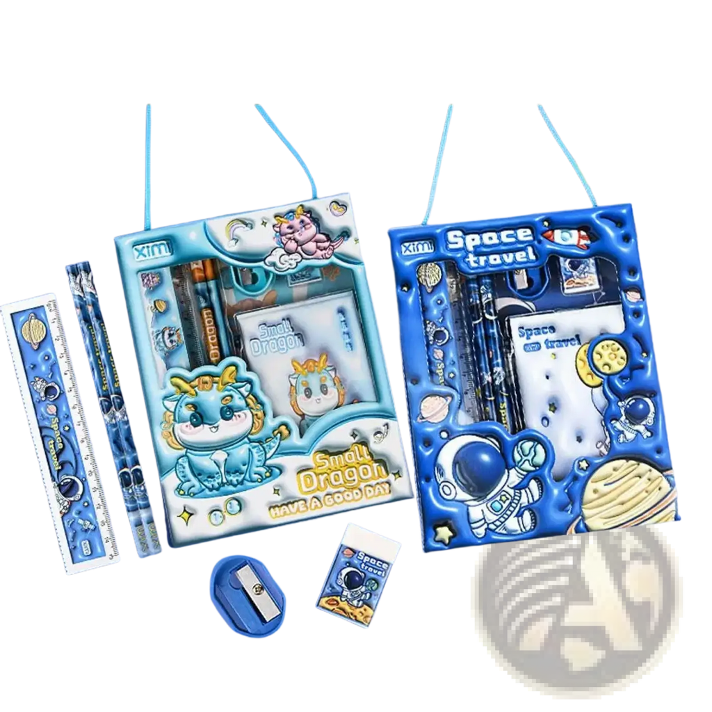 Blue space theme cartoon kids stationery set featuring astronaut and space designs for school and creativity use