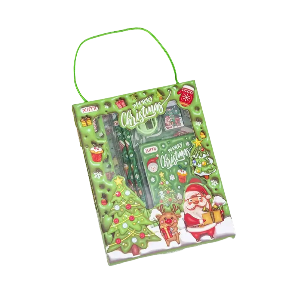 Green plastic packaged space theme cartoon kids stationery set featuring festive santa reindeer and tree illustrations
