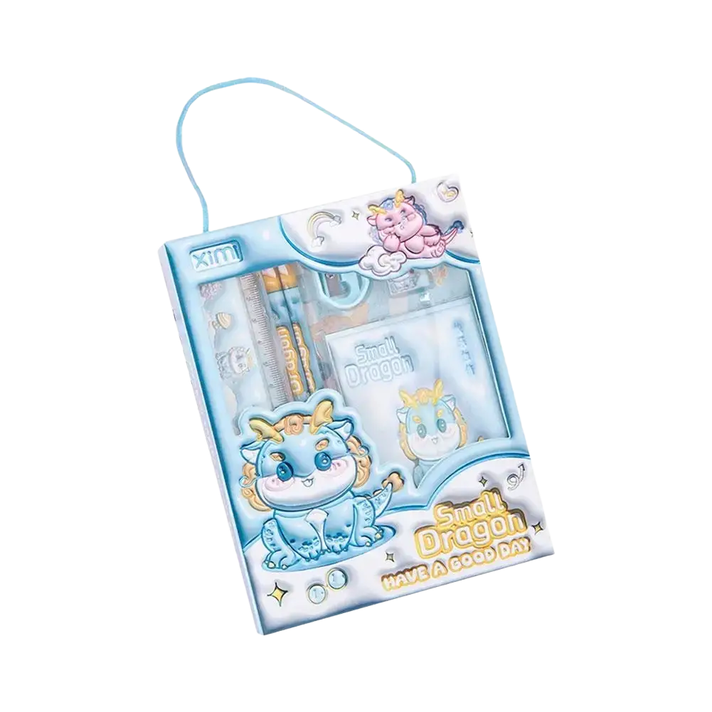 Space theme cartoon kids stationery set featuring light blue and white small dragon illustrations in clear plastic box