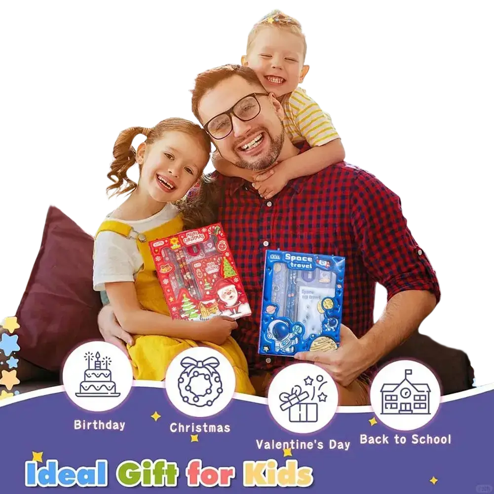 Space theme cartoon kids stationery set featuring red and blue themed festive packaging for children