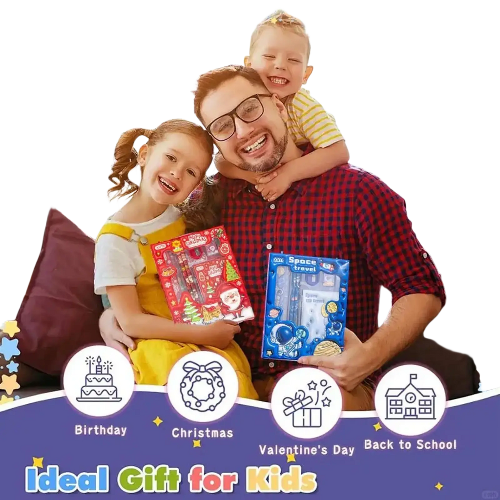 Space theme cartoon kids stationery set featuring red and blue themed festive packaging for children