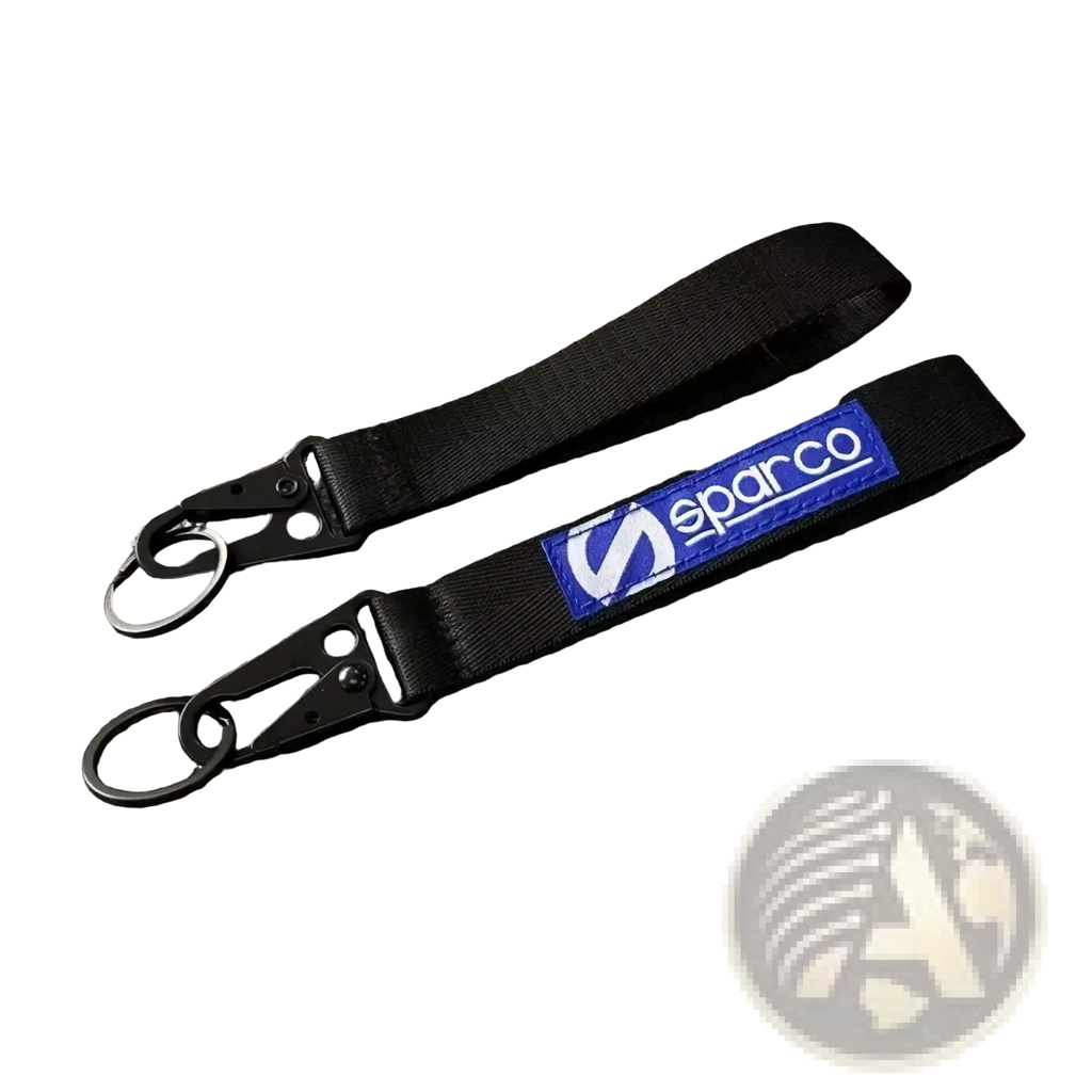 Black Sparco fabric keychain with blue logo patch and black metal carabiner clips for car accessory use