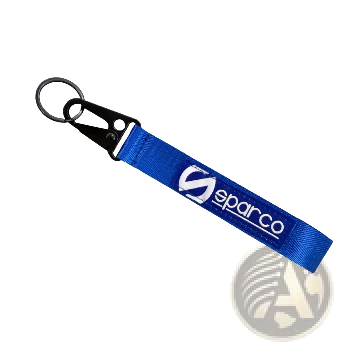Blue Sparco fabric keychain with black metal clip and ring as a durable car accessory keyring