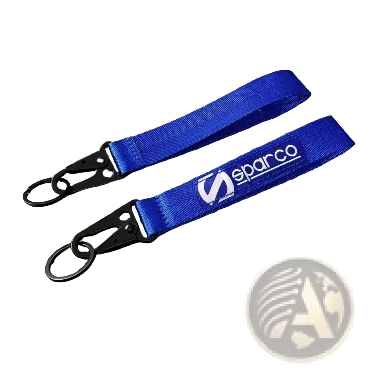 Blue Sparco fabric keychain with black metal hooks and woven strap for car accessory and keyring use
