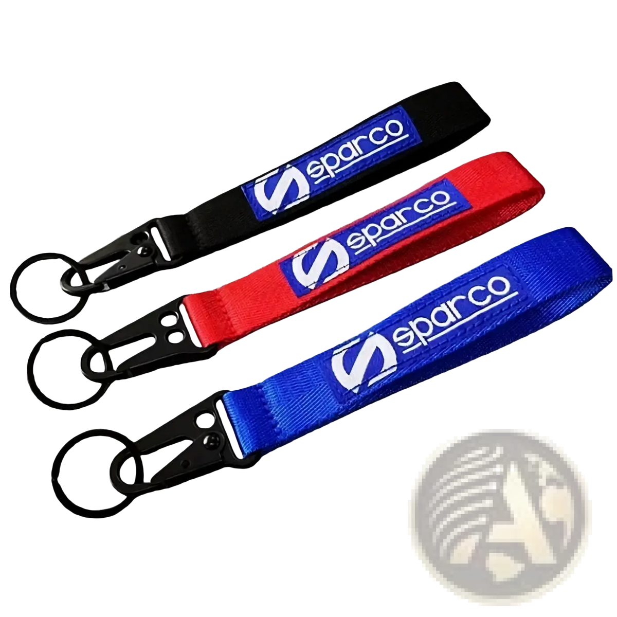 Three sparco fabric keychain metal keyrings in black red and blue with matching straps for car accessory use
