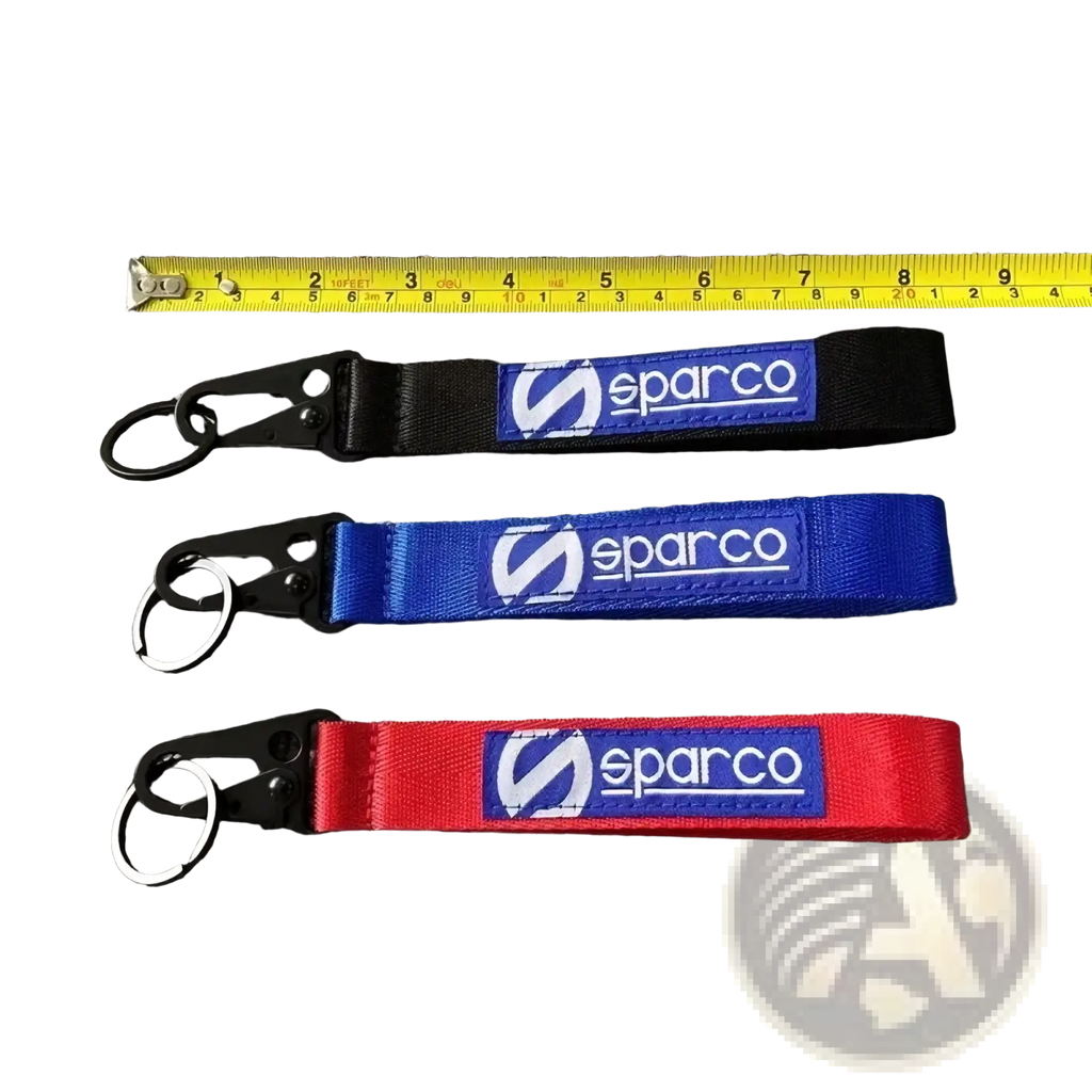 Three Sparco fabric keychain metal keyrings in black blue and red with embroidered logos for car accessories