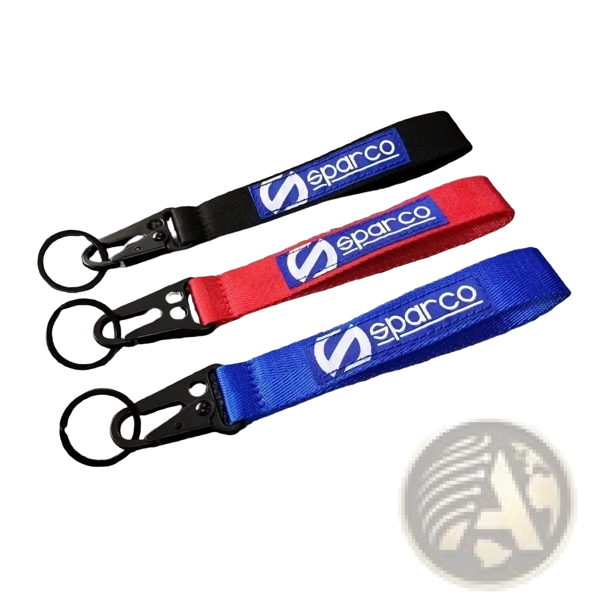 Three sparco fabric keychain metal keyrings in black red and blue with matching straps and black clasps for car accessory use
