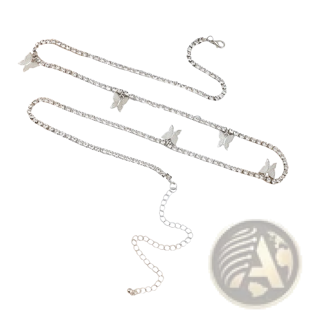 Silver rhinestone anklet with delicate butterfly charms and chain extension featured in sparkling butterfly waist chain