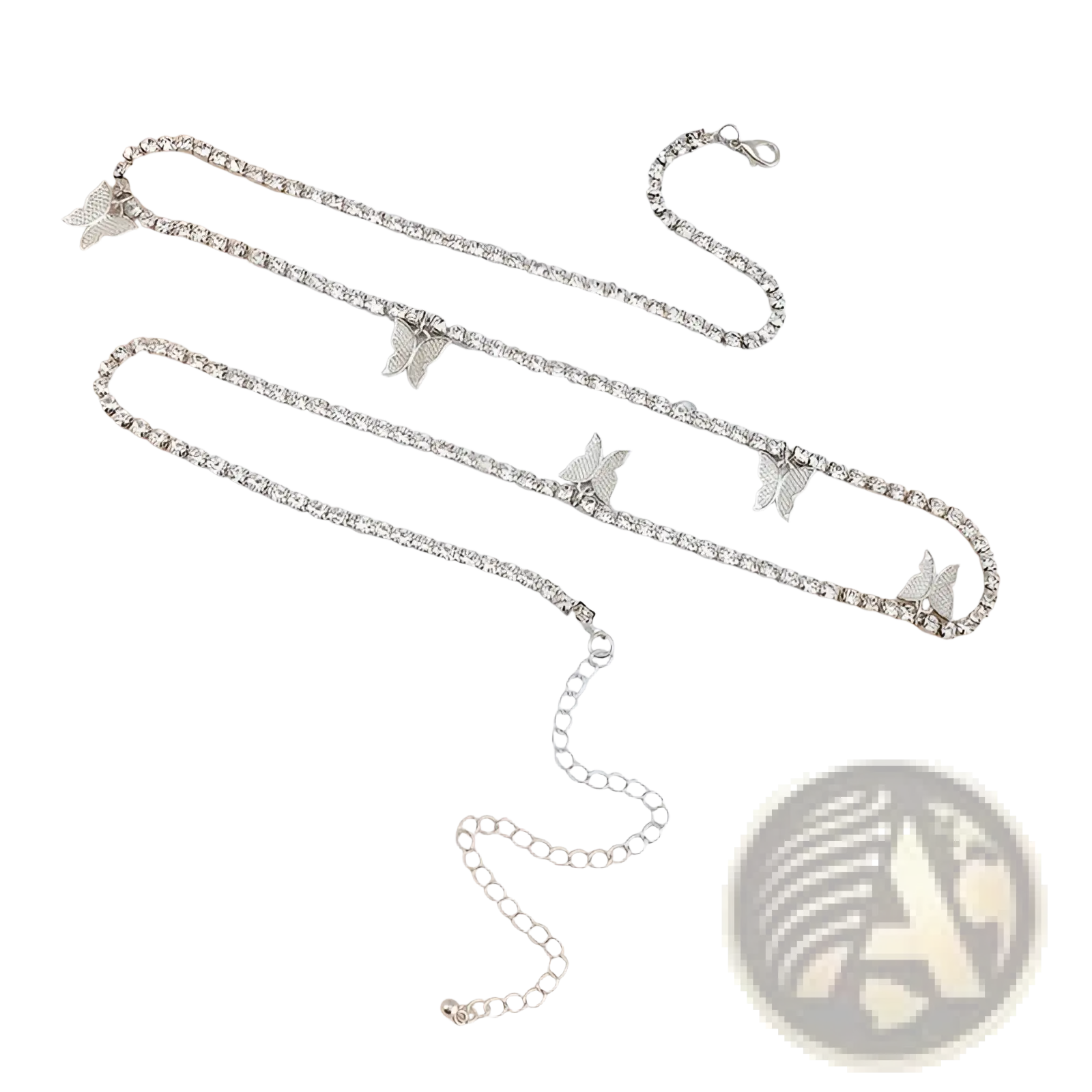 Silver rhinestone anklet with delicate butterfly charms and chain extension featured in sparkling butterfly waist chain