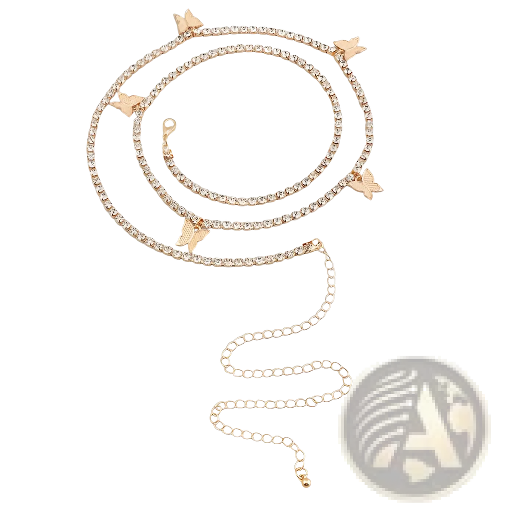 Gold-toned sparkling butterfly waist chain with clear rhinestones and delicate butterfly charms and matching chain extension