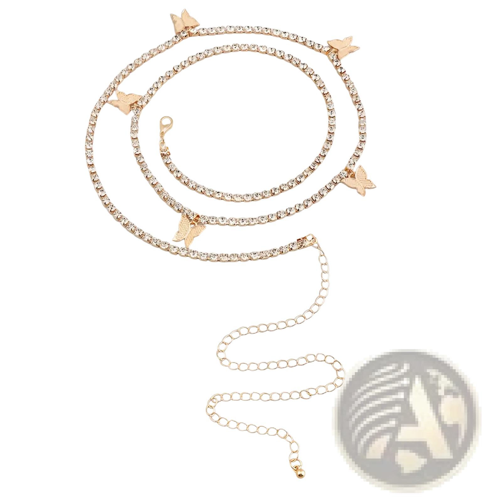Gold-toned sparkling butterfly waist chain with clear rhinestones and delicate butterfly charms and matching chain extension