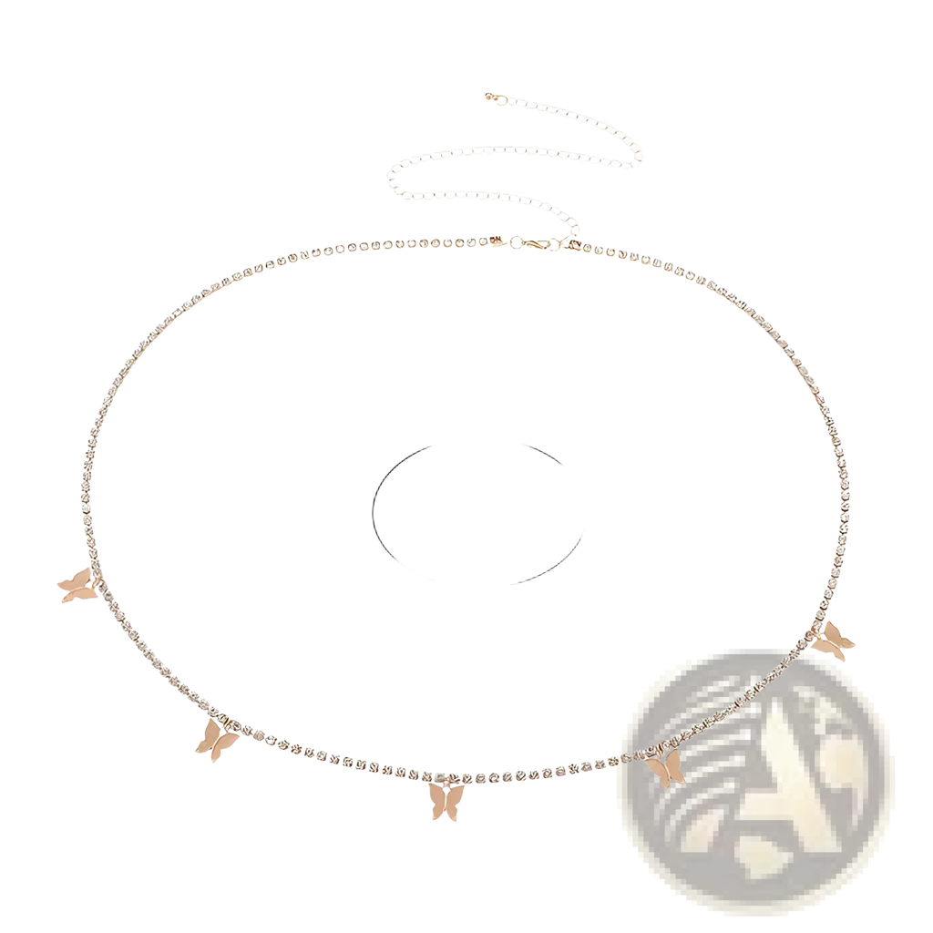 Delicate rose gold sparkling butterfly waist chain with rhinestone accents and four small dangling golden butterflies