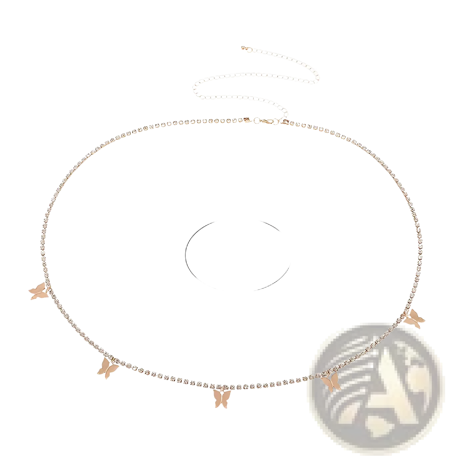 Delicate rose gold sparkling butterfly waist chain with rhinestone accents and four small dangling golden butterflies