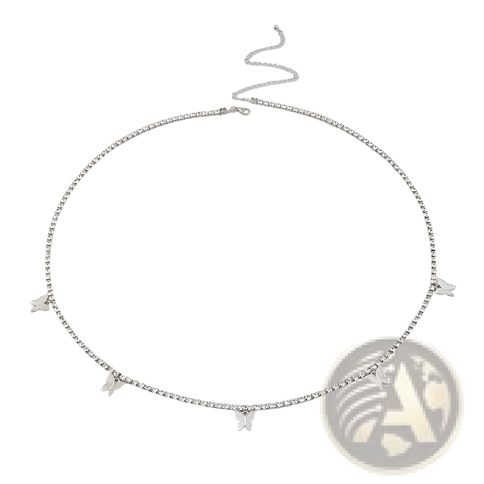 Silver butterfly pendant necklace with delicate beaded chain and sparkling rhinestone accents for waist chain use
