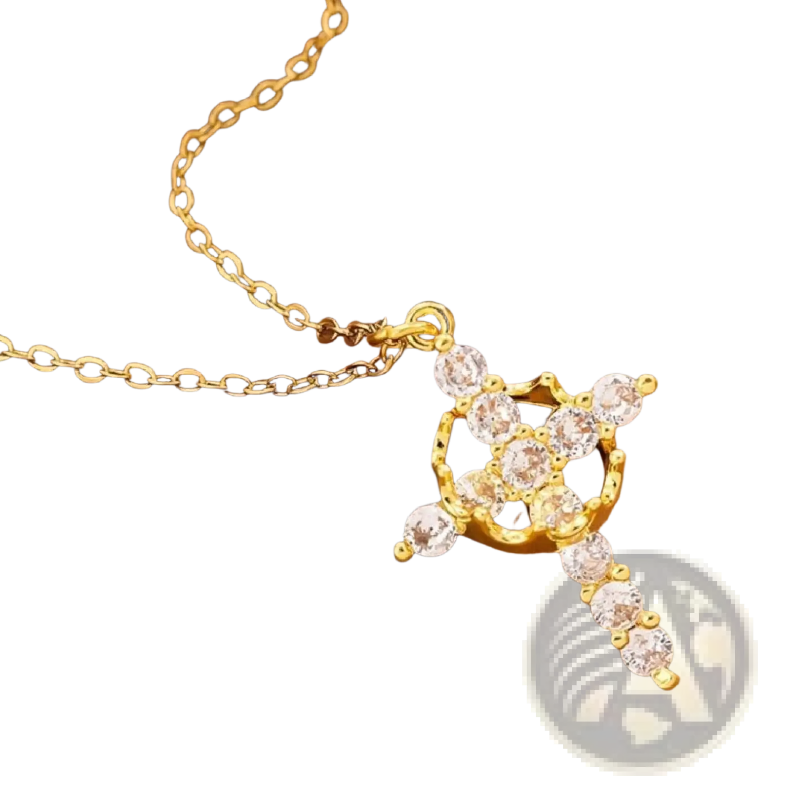 Gold-toned layered crown and cross pendant necklace adorned with clear sparkling cubic zirconia stones