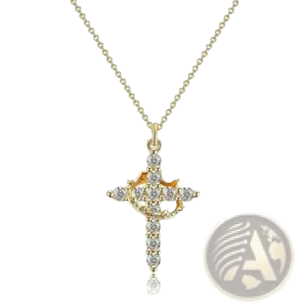 Gold cross necklace pendant with clear cubic zirconia stones and a central orange accent from sparkling layered crown collection