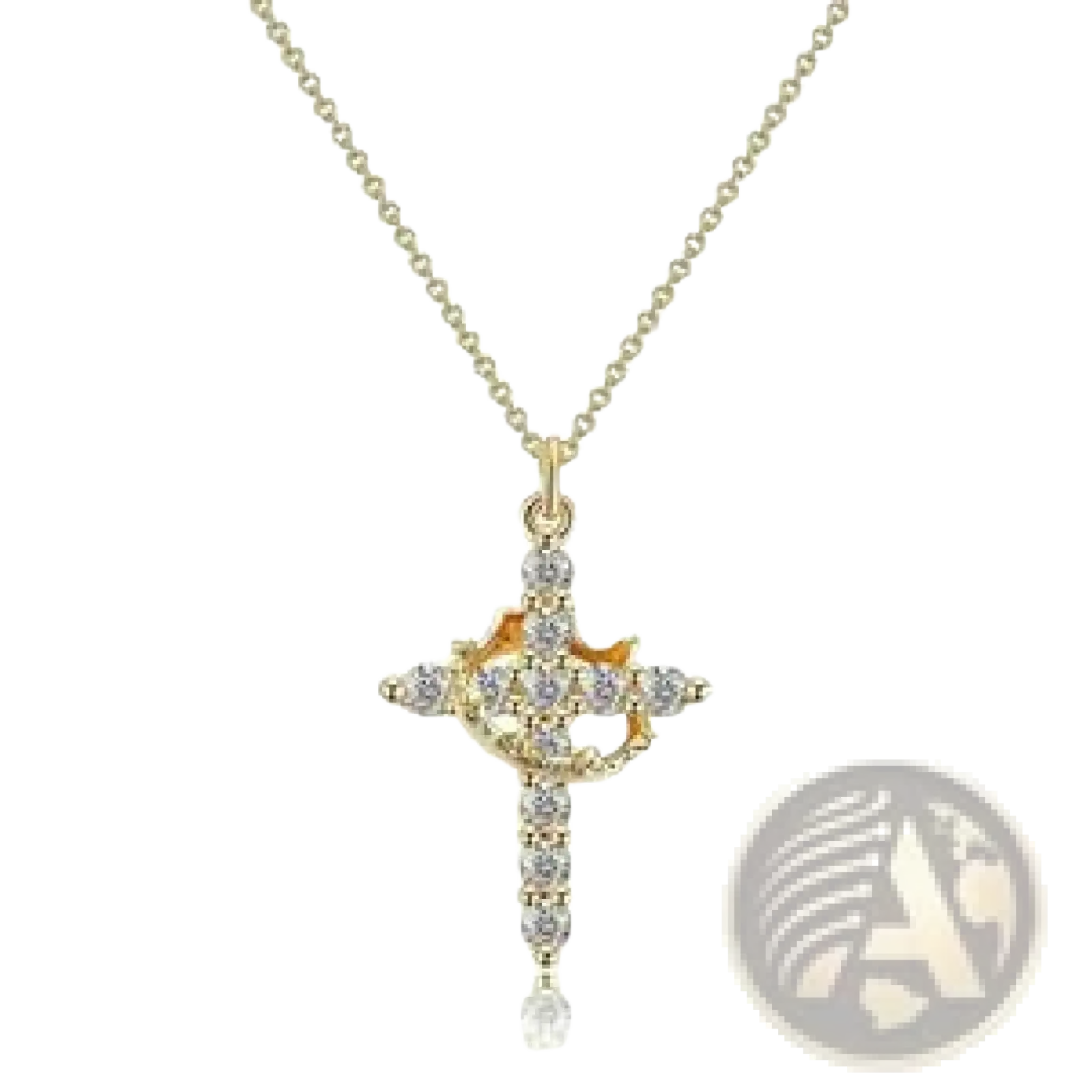 Gold cross necklace pendant with clear cubic zirconia stones and a central orange accent from sparkling layered crown collection