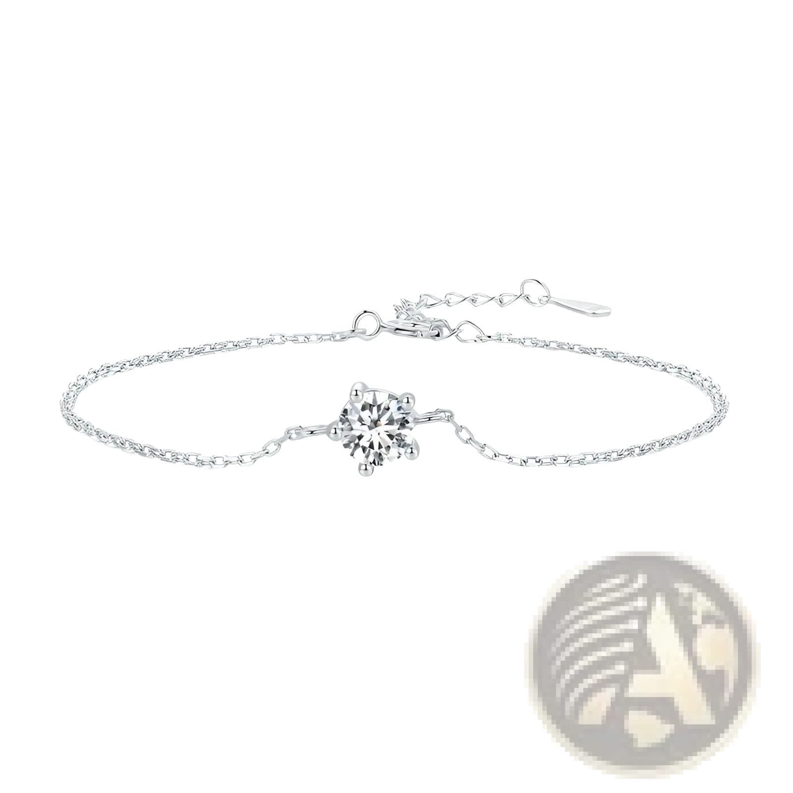 A delicate silver chain bracelet with a single sparkling round-cut moissanite diamond in a four-pronged clasp